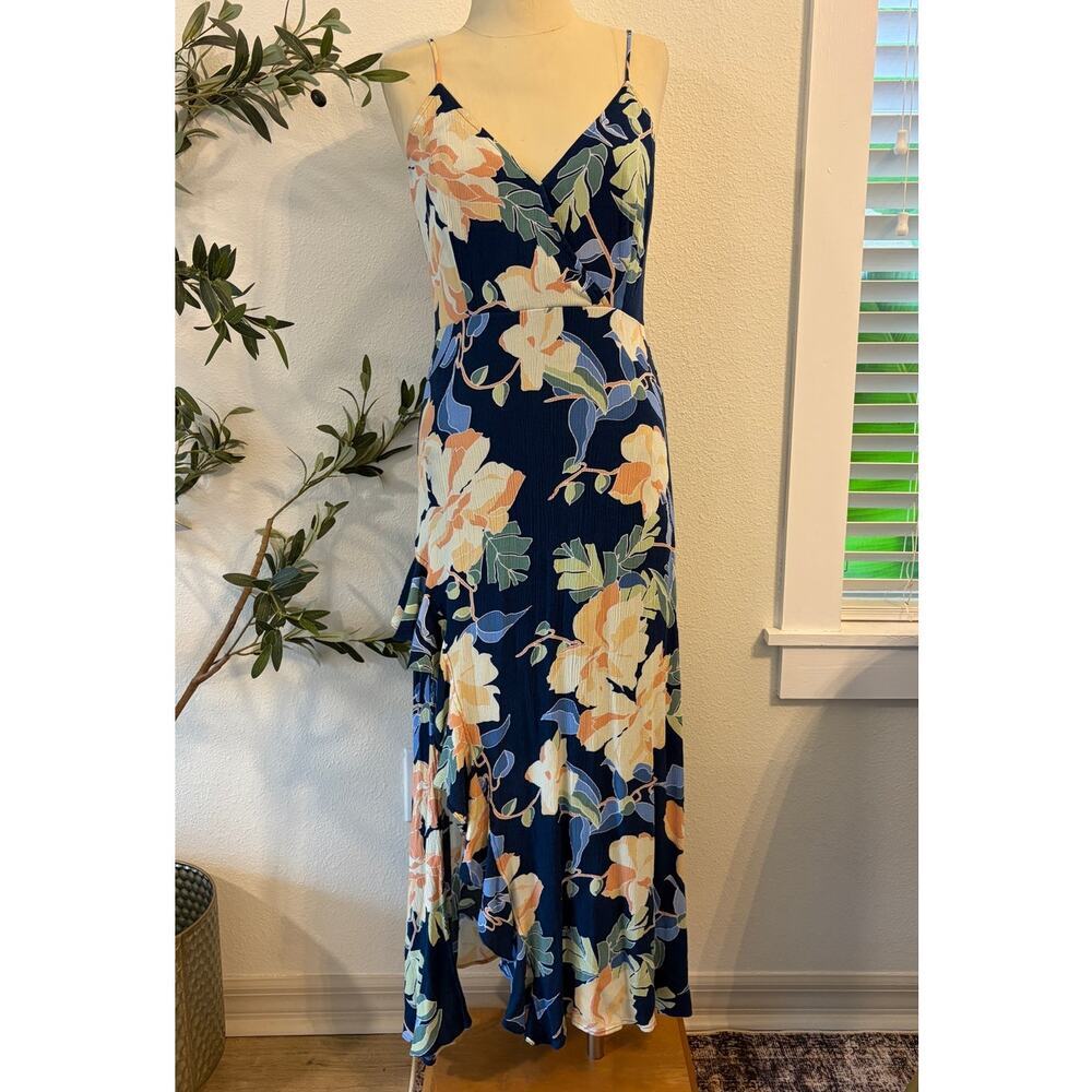 Olivia Grey Floral High Low Maxi Dress Navy Wrap Ruffle Women's Large